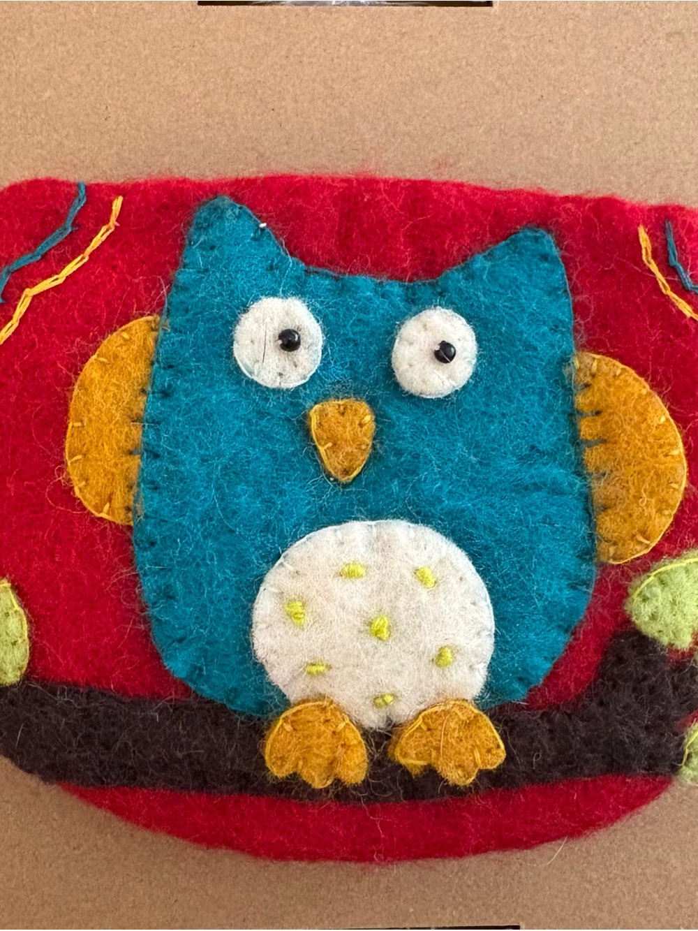 Red/Teal Owl wool Felt Coin Purse - Blue/Yellow Accent